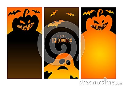 Halloween vertical banners. Jack olantern, pumpkin and bat. Mobile display, stories sale templates social media, with copy space. Vector Illustration