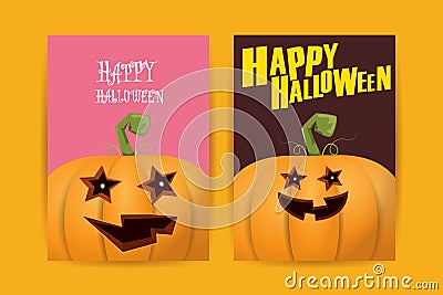 Halloween vertical cartoon posters set with Halloween scary pumpkins . Funky kids Halloween background with space for Vector Illustration