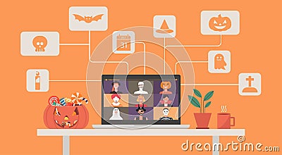Online Halloween party concept on laptop screen Vector Illustration