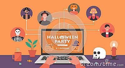 Human using laptop to celebrate online Halloween party Vector Illustration