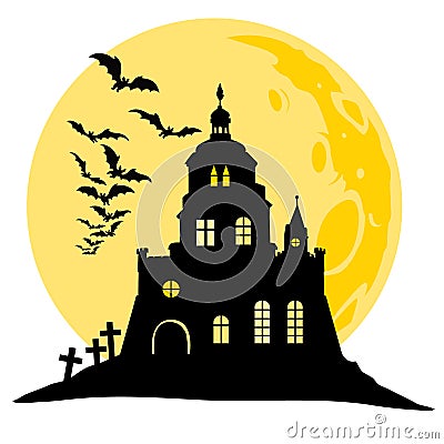 Halloween view of castle, moon, bats and hill. Silhouette vector illustration. Vector Illustration