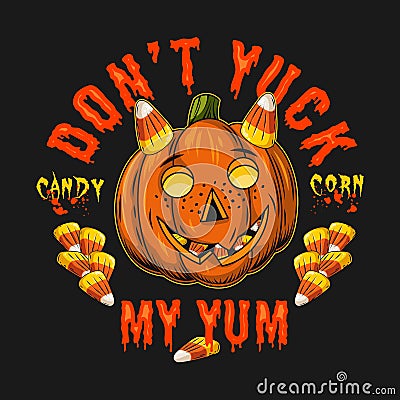 Halloween label with candy corn, pumpkin as a kid Vector Illustration
