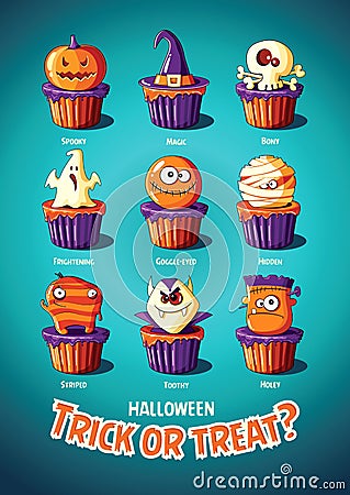 Halloween vintage vector poster. Trick or treat. Cakes with monsters Vector Illustration