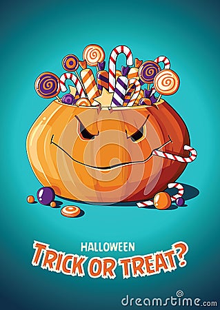 Halloween vintage vector poster. Trick or treat. Pumpkin and candy Vector Illustration