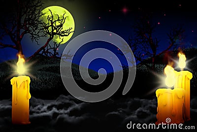 Halloween vivid creepy night texture - lone candle on left side and two candles on the right, lanterns in the dark concept - Cartoon Illustration