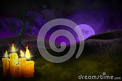 Halloween vivid haunting dark night backdrop - set of candles on left and free space on right side, celebration concept - Cartoon Illustration