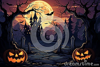 Halloween wallpaper, party background. Halloween nignt forest with full moon, dark template with pumpkins. AI Generated Stock Photo