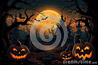 Halloween wallpaper, party background. Halloween nignt forest with full moon, dark template with pumpkins. AI Generated Stock Photo