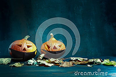 Halloween. Warning poster. Image of two pumpkins wearing anti-infectious masks Stock Photo