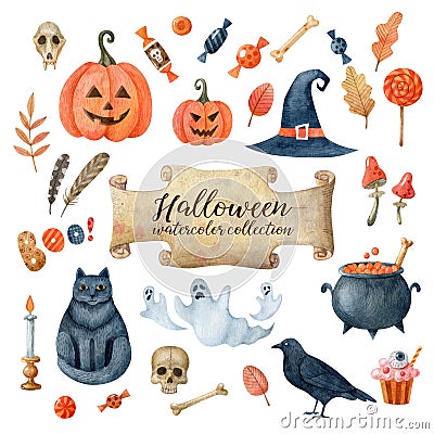 Halloween watercolor collection of clipart isolated on white background. Stock Photo