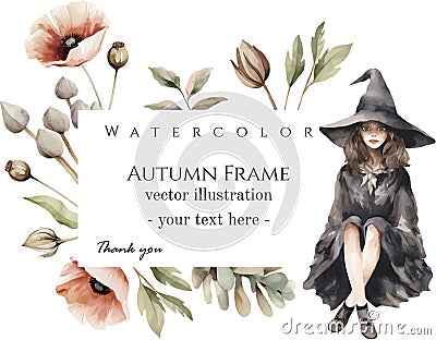 Halloween watercolor frame. Wedding invintation gotick bridal shower. Dried poppies witch. Vector Illustration