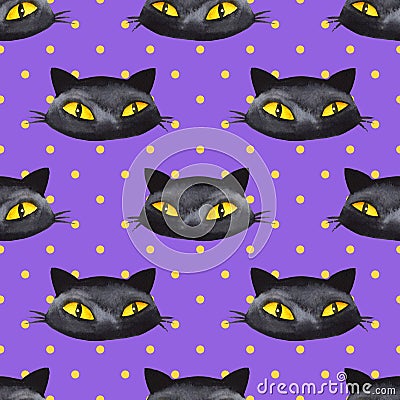 Halloween watercolor seamless pattern 4. Black cat Stock Photo