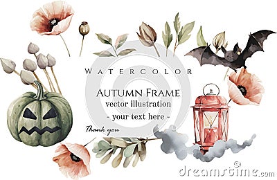 Halloween watercolor vector banner with dried flowers, bat, green pumpkin, smoke, pumpkin, mouse, poppies, on white background Vector Illustration