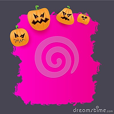 Halloween web grunge pink Banner or poster with Halloween scary pumpkins isolated on grey background . Funky kids Vector Illustration