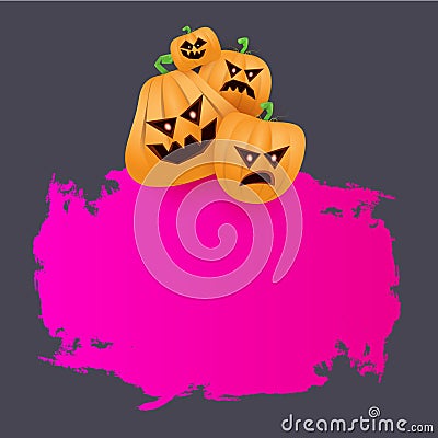 Halloween web grunge pink Banner or poster with Halloween scary pumpkins isolated on grey background . Funky kids Vector Illustration