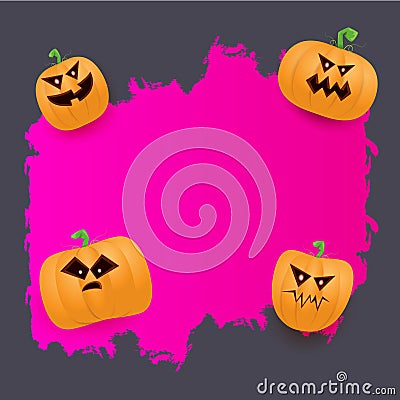 Halloween web grunge pink Banner or poster with Halloween scary pumpkins isolated on grey background . Funky kids Vector Illustration