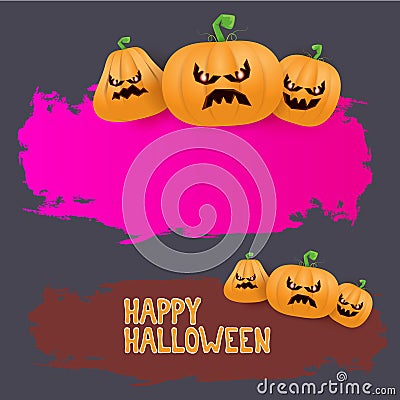 Halloween web grunge pink Banner or poster with Halloween scary pumpkins isolated on grey background . Funky kids Vector Illustration