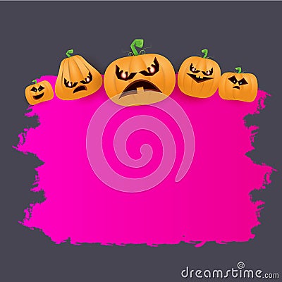 Halloween web grunge pink Banner or poster with Halloween scary pumpkins isolated on grey background . Funky kids Vector Illustration