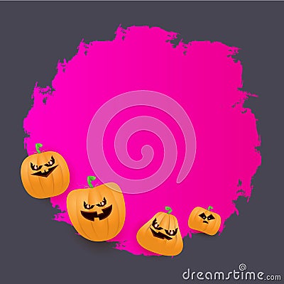 Halloween web grunge pink Banner or poster with Halloween scary pumpkins isolated on grey background . Funky kids Vector Illustration