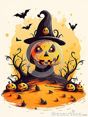 Halloween Witch with Bats and a Pumpkin Stock Photo