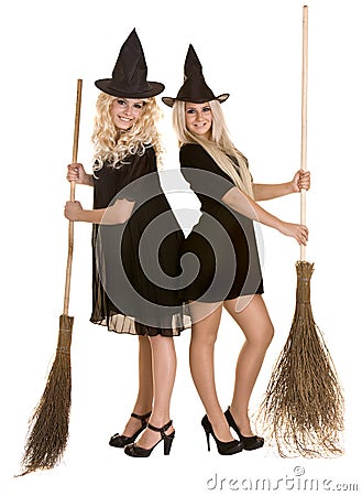 Halloween witch in black hat. Stock Photo