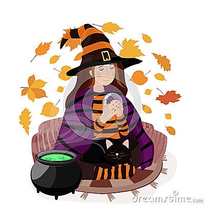 Halloween witch with boiling cauldron. Vector illustration. Vector Illustration