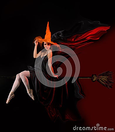 Halloween witch on broom Stock Photo