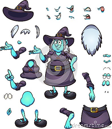 Cartoon Halloween witch character with different face expressions and poses Vector Illustration