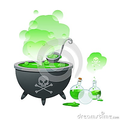 A halloween witch cauldron and bottles with potion Vector Illustration