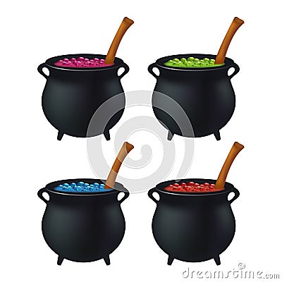 Halloween Witch cauldron with colorful potion, bubbling witches brew. Realistic Vector illustration isolated on white background. Vector Illustration