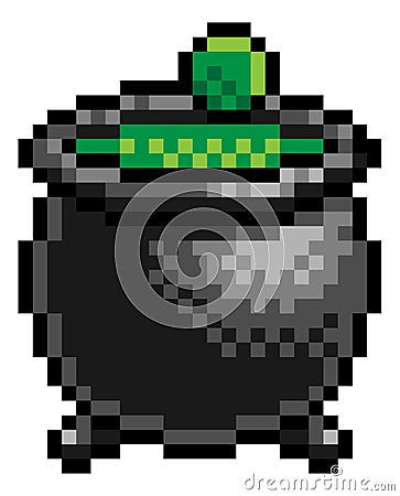 Halloween Witch Cauldron Pixel Art Game Icon Vector Illustration