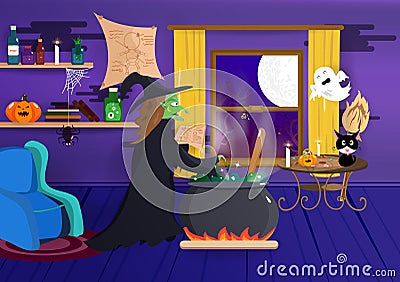 Halloween, Witch is cooking in her house, costume cartoon, pumpkin spider, bat and spooky, interior creative, night party, poster Vector Illustration