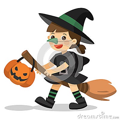 Cute Little Witch with pumpkin basket for Trick Vector Illustration