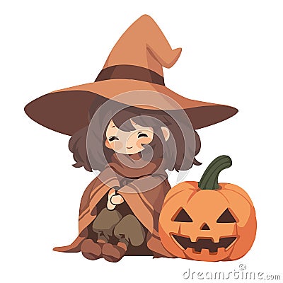 halloween witch cute with pumpkin Vector Illustration