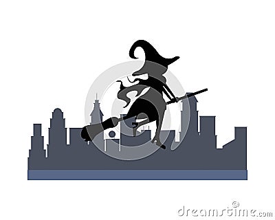 Halloween witch flying in broom silhouette on the city Vector Illustration