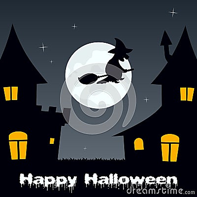 Halloween Witch flying and Haunted Houses Vector Illustration