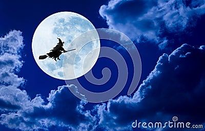 Halloween Witch Flying Moon Sky Stock Photo