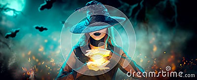 Halloween Witch girl with making witchcraft, magic in her hands, spells. Beautiful young woman in witches hat conjuring Stock Photo