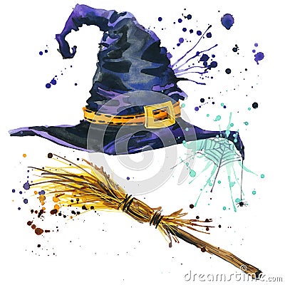 Halloween witch hat and broom witch. Watercolor illustration Cartoon Illustration