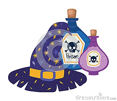 Halloween witch hat and poisons vector design Vector Illustration