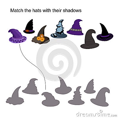 Halloween witch hats and their shadows matching game, kids activities Vector Illustration