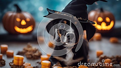 halloween witch with pumpkin A Halloween puppy wearing a witch hat, caught in the act of casting a spell on a pile of treats, Stock Photo