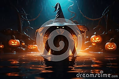 Halloween Witch With Pumpkin And Magic Lights In Dark Pool Stock Photo