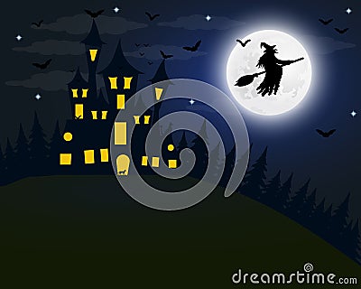 Halloween, the witch s house on the full moon. Bats and an old g Vector Illustration