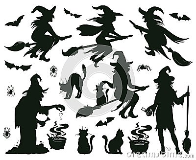 Halloween witch silhouettes. Magic witch ladies with broomstick, hats and bats, scary witches making magic vector Vector Illustration