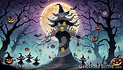 Halloween cartoon witch spooky haunted castle tree eerie fog Cartoon Illustration