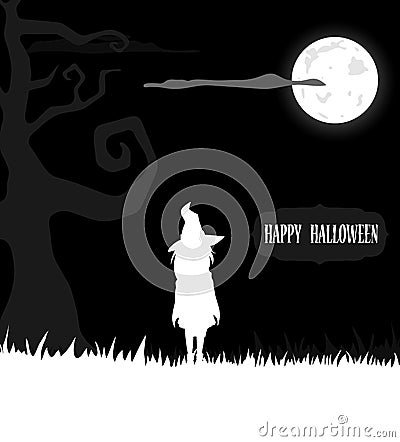Halloween witch standing in moon light Vector Illustration