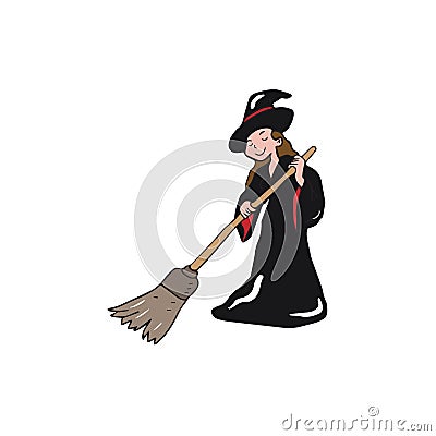 Halloween witch sweeping Vector Illustration