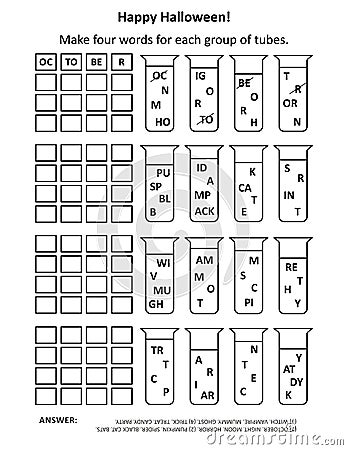 Halloween word game: Compose four words for each group of test-tubes by taking a letter or combination of letters from each tube. Vector Illustration