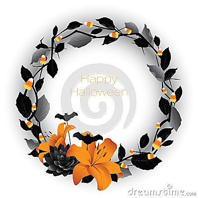 A Halloween floral and twig wreath with bats and candy corn Vector Illustration